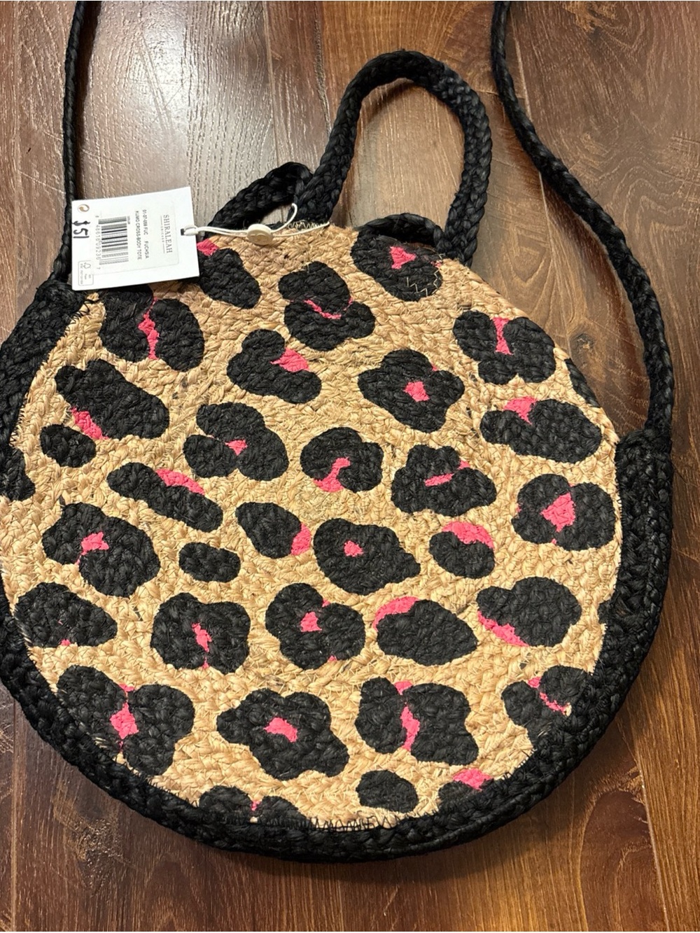Kumo Crossbody Tote Leopard Animal - Fushia Black Natural Jute Bag by Shiraleah